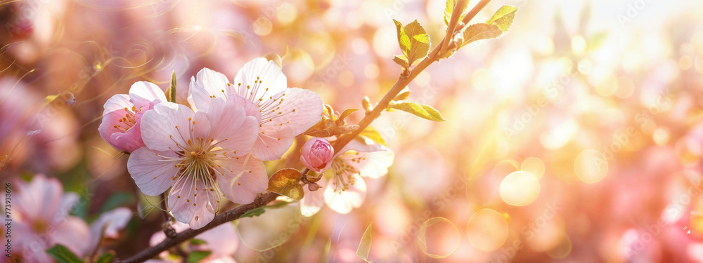 Blossoming Cherry Branch Against Golden Sunset, Background for Greeting Cards, Invitations, and Spring Festival Posters, Wedding, Mothers day, Birthday, Banner, Copy Space
