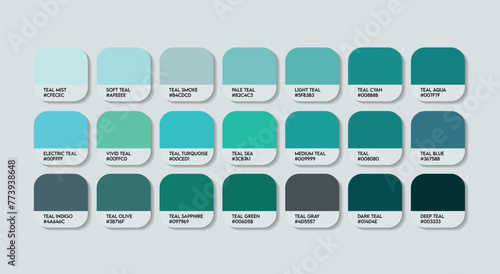 Teal Color Guide Palette with Color Names. Catalog Samples Teal with RGB HEX codes and Names. Metal Colors Palette Vector, Wood and Plastic Teal Color Palette, Fashion Trend Teal Color Palette vector
