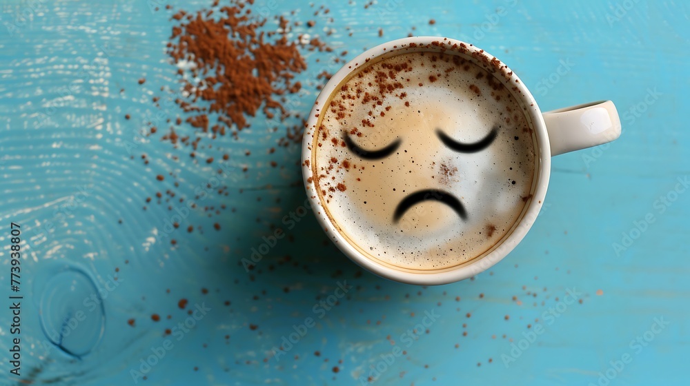 Coffee cup with sad face drawn on coffee milk foam. Top view to mug with coffee on blue background. Generative Ai Coffee cup with sad face drawn on coffee milk foam. Top view to mug with coffee on blue background. Generative Ai