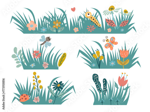 Spring and summer herbal set with insects. Vector illustration. Flat style.