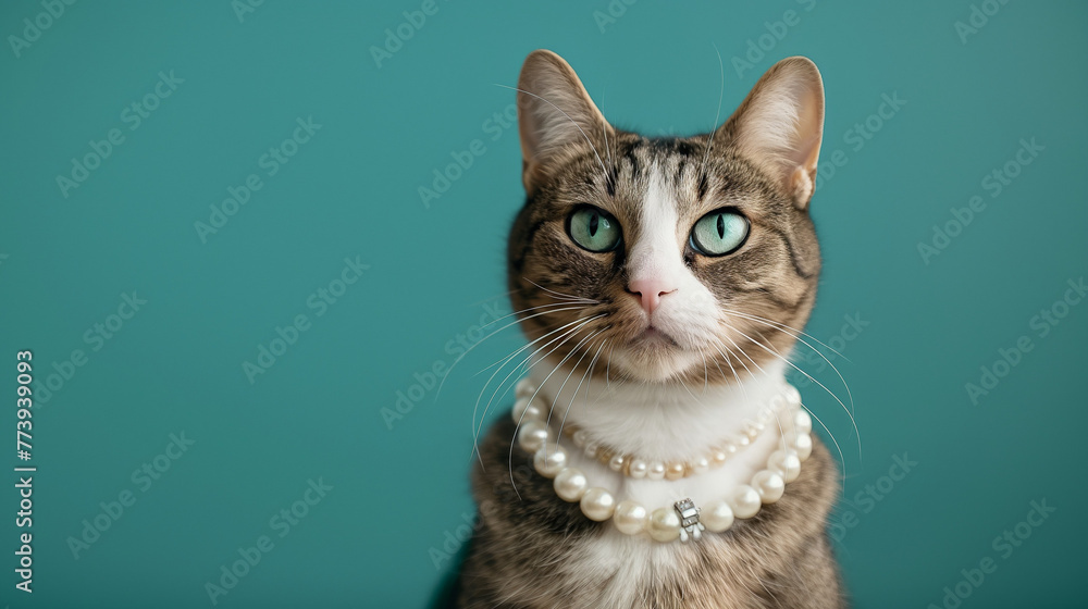 Obraz premium Katze mit Perlen Halskette vor einfarbigen Hintergrund isoliert Platz für Text, Generative AI