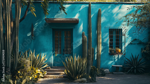Fototapeta Naklejka Na Ścianę i Meble -  Mexican-style blue house with cactus plants, potted plants. 