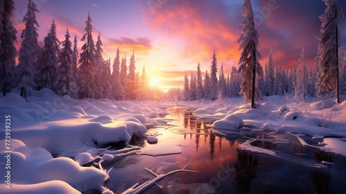 a snow covered forest is featured on the sunset
