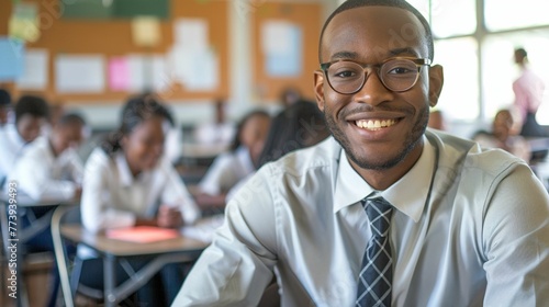portrait of a smiling Afro American man in glasses. Classroom background. For Teachers Day, design, banner, cover, presentation, advertisement, social media. Life style photo