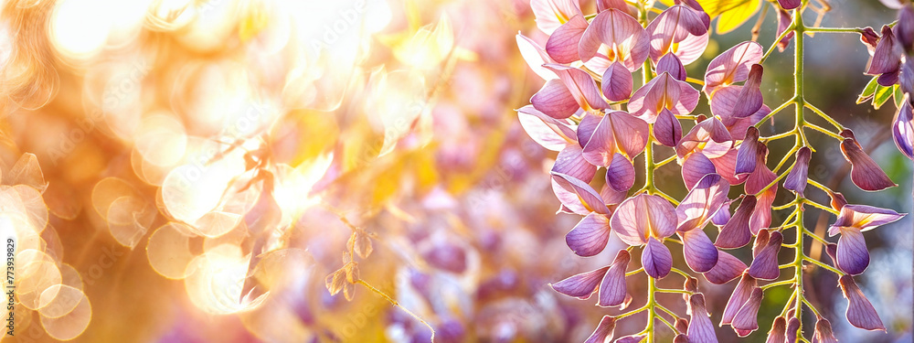 Sunlit Wisteria Whispers, Ethereal Purple Blossoms in Soft Focus, Banner, Copy Space, Decor, Background for Greeting Cards, Invitations, and Spring Festival Posters, Wedding, Mothers day, Birthday
