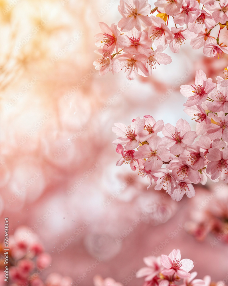 Blossoming Cherry Branch Against Golden Sunset, Background for Greeting Cards, Invitations, and Spring Festival Posters, Wedding, Mothers day, Birthday