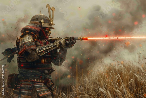 Through the lens of surrealism, the samurais laser gun became a symbol of power and defiance, casting an otherworldly aura over the battlefield, super detailed