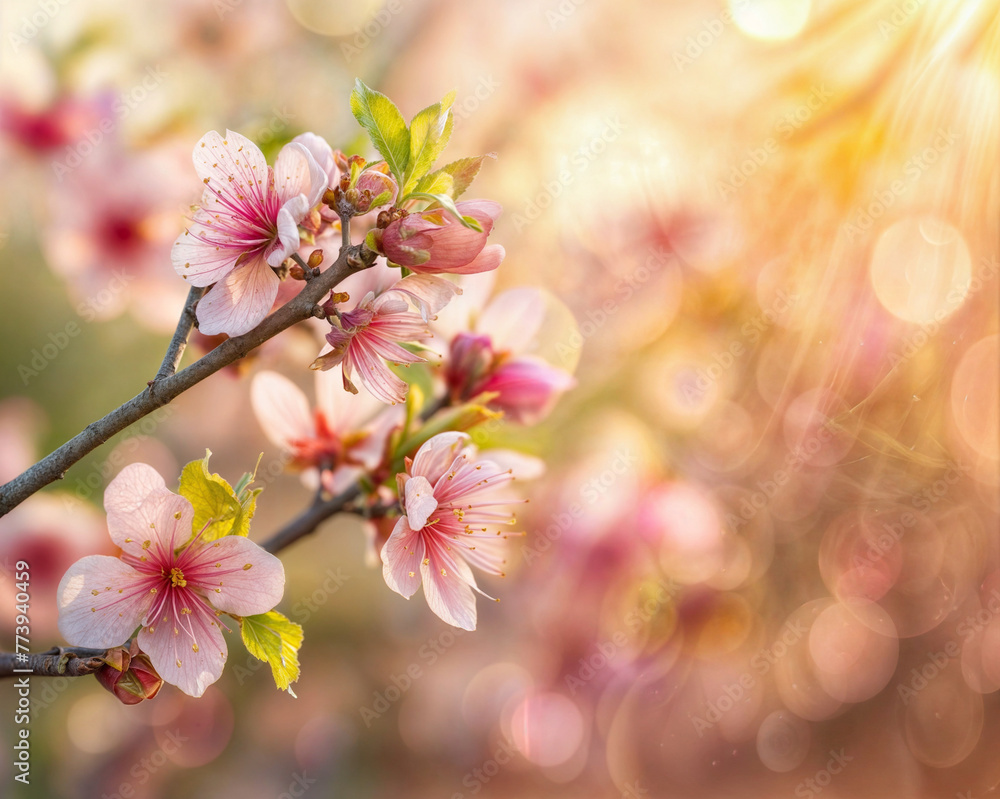Blossoming Cherry Branch Against Golden Sunset, Background for Greeting Cards, Invitations, and Spring Festival Posters, Wedding, Mothers day, Birthday