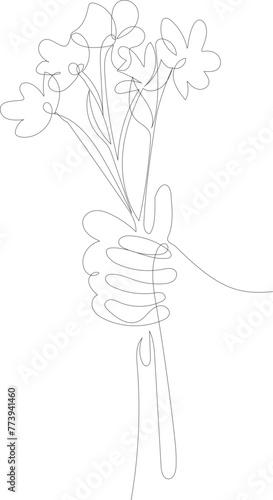 One line drawing hand with flower illustration on transparent background. 