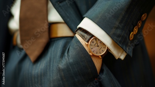 A stylish wristwatch peeking out from under the cuff of a tailored business suit sleeve photo