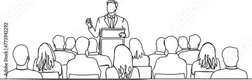 continuous single line drawing of keynote speaker and audience at business conference, line art vector illustration