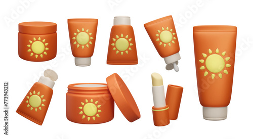 3D SPF sunscreen beauty cosmetic products collection. Different colorful orange sunblock makeup: SPF cream jars, UV lights protection lotion bottles, sun safety lipstick vector render set.