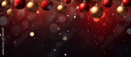 Multiple festive Christmas baubles attached to a string, hanging against a vibrant red backdrop