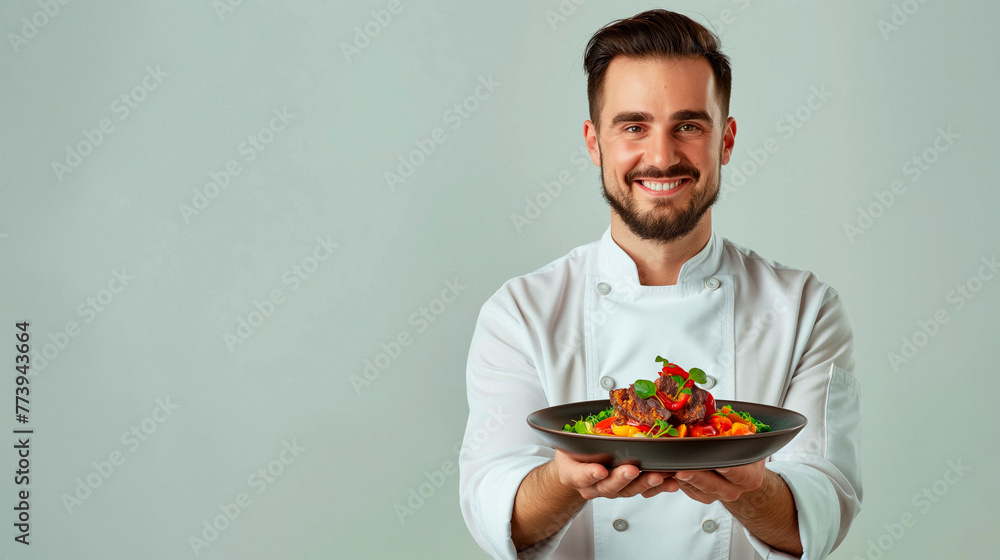 chef holding a plate of vegetables and meat chef holding a plate of vegetables and meat