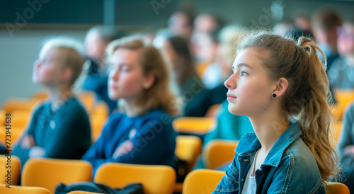 student education class lecture university college school classroom study woman group learning young lesson studying man female sitting classmate learn