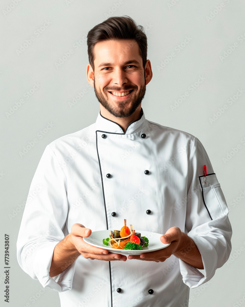 chef holding a plate of vegetables and meat chef holding a plate of vegetables and meat