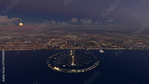 Night aerial shot of The Palm Jebel Ali in Dubai. United Arab Emirates photo