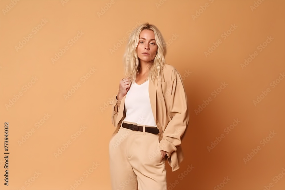 A woman in a tan jacket and tan pants poses for a photo A woman in a tan jacket and tan pants poses for a photo