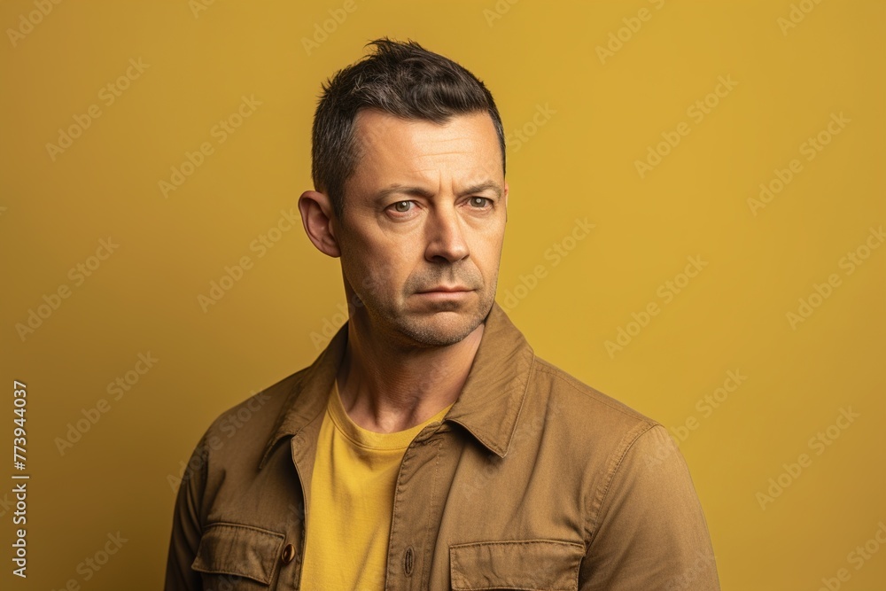 A man in a tan jacket and yellow shirt is looking at the camera A man in a tan jacket and yellow shirt is looking at the camera
