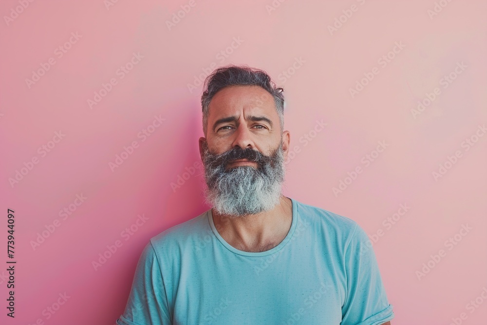 A man with a beard and gray hair is wearing a blue shirt A man with a beard and gray hair is wearing a blue shirt