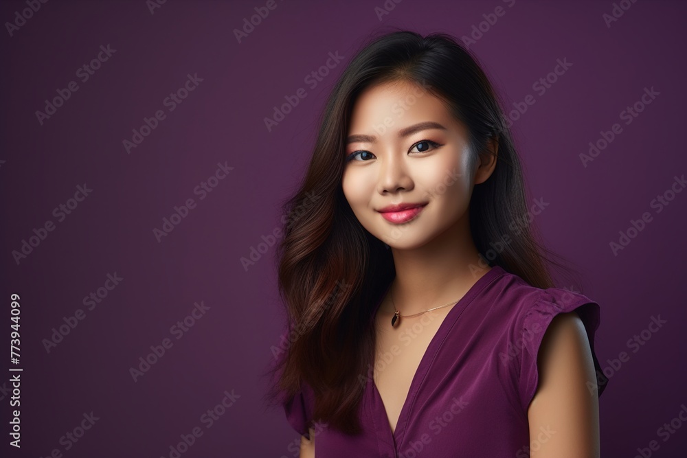 A woman with long hair and a purple dress is smiling A woman with long hair and a purple dress is smiling