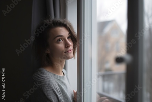 A woman is looking out the window with a sad expression on her face