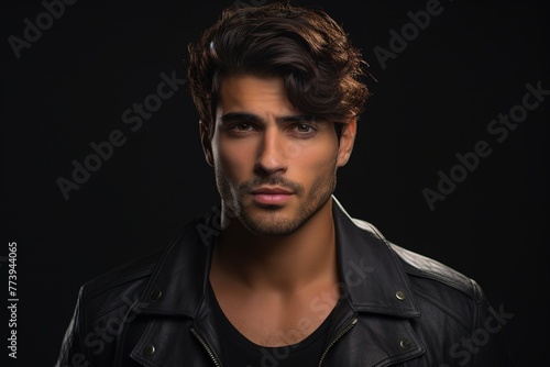 A man with a beard and dark hair is wearing a black leather jacket