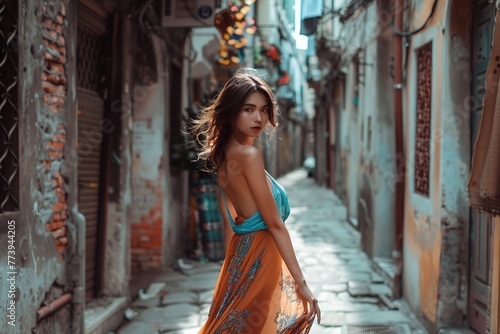 A woman in a dress is walking down a narrow street © Juan Hernandez