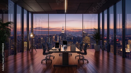 A sleek and modern office space with floor-to-ceiling windows overlooking the city skyline