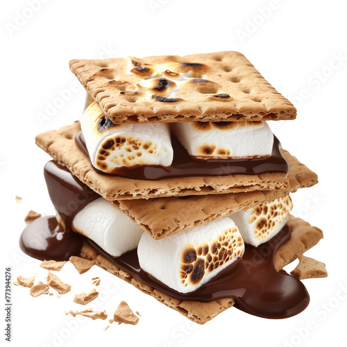 A gourmet s'mores dessert with toasted marshmallows, melted chocolate, and graham crackers, artfully assembled, isolated on transparent background