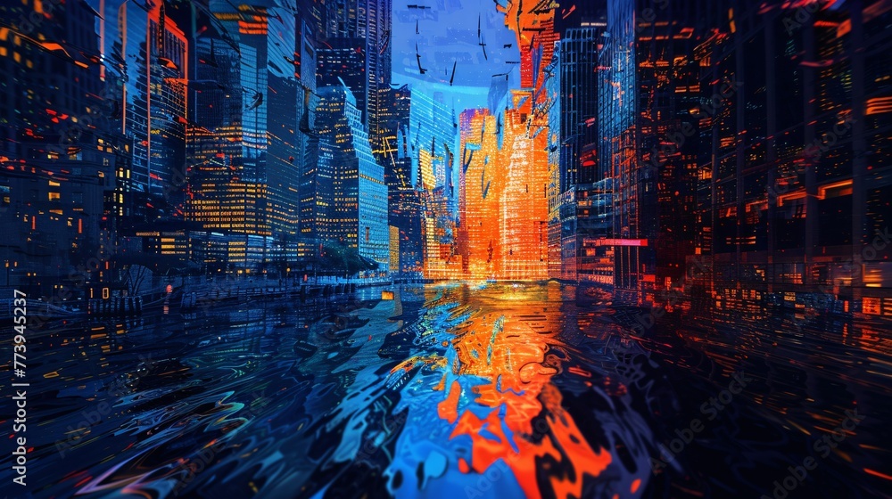Nighttime Cityscape with Illuminated Skyscrapers and Reflective Water Generative AI