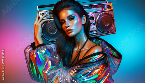 woman with a boombox and blue and pink lights