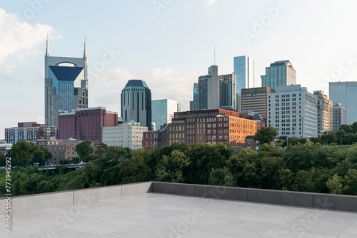 Skyscrapers Cityscape Downtown, Nashville Skyline Buildings. Beautiful Real Estate. Day time. Empty rooftop View. Success concept.