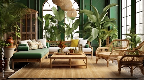 a green-carpeted living room inspired by a tropical oasis, complete with rattan furniture, exotic plants, and a calming ambiance photo
