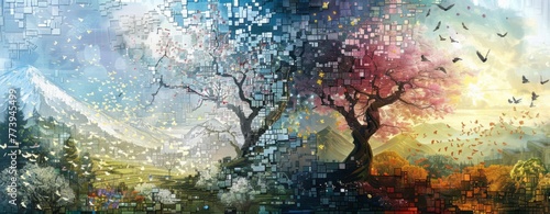 Eternal Seasons Dance: A Pixelated Journey from Spring Bloom to Winter’s Silence photo