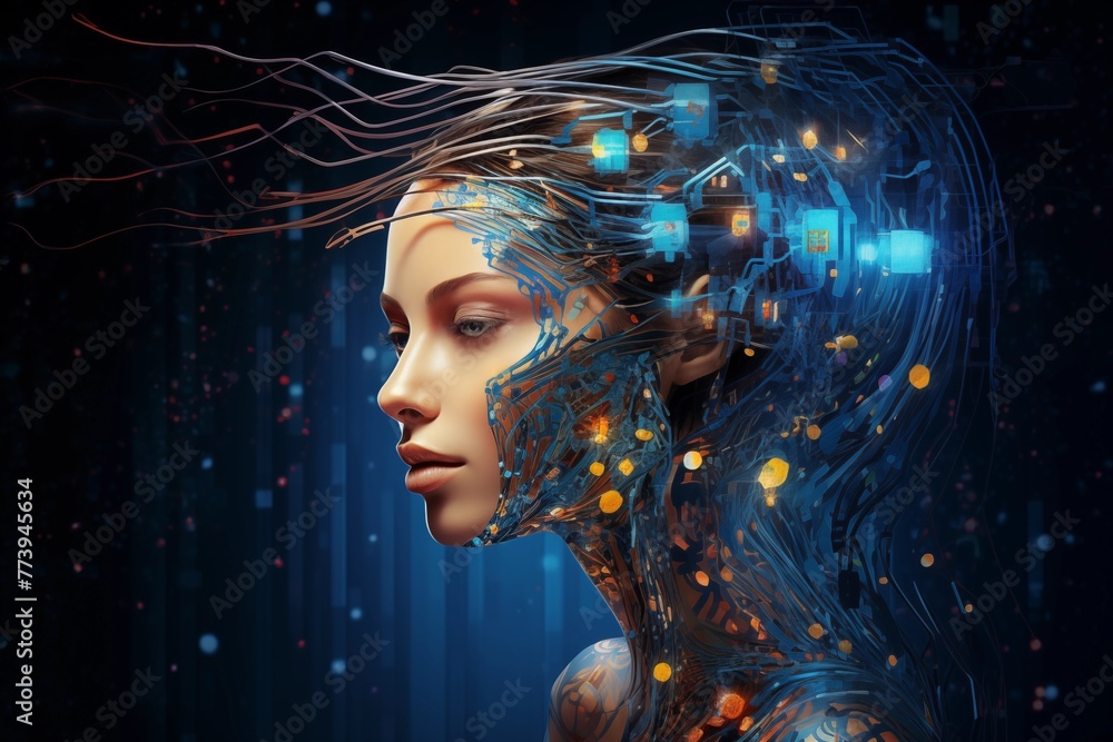 Illustration of artificial intelligence: girl robot head with visible neural network and board, symbolizing future technologies. AI generated