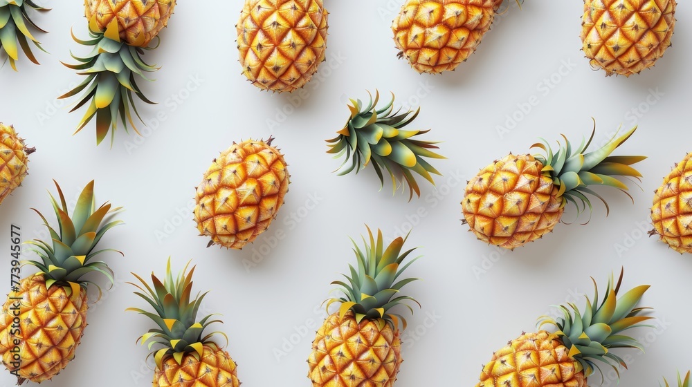A 3D, high-resolution portrayal of pineapples in a creative pattern, top view against a stark white backdrop A 3D, high-resolution portrayal of pineapples in a creative pattern, top view against a stark white backdrop