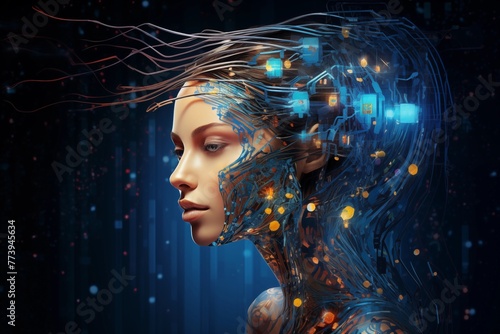 Illustration of artificial intelligence  girl robot head with visible neural network and board  symbolizing future technologies. AI generated