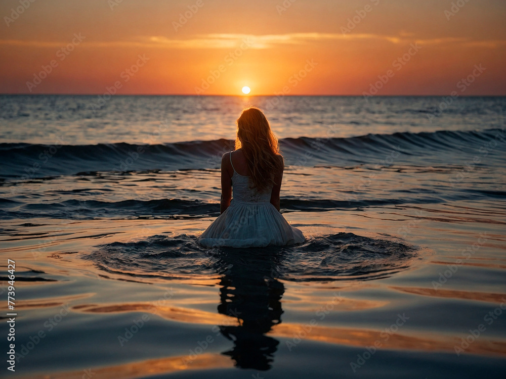 Serenity Horizon. Woman Embracing Sunset Seascape, Reflective Waters