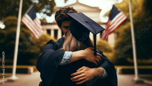 Two graduates share a congratulatory embrace, framed by American flags, marking a personal and patriotic milestone in their educational journey.