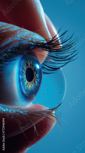 Lente de contacto siendo colocado en el ojo, vista lateral, sobre fondo azul, yemas de los dedos, sujetando los párpados para poder colocarla, óptica, vista, problemas visuales