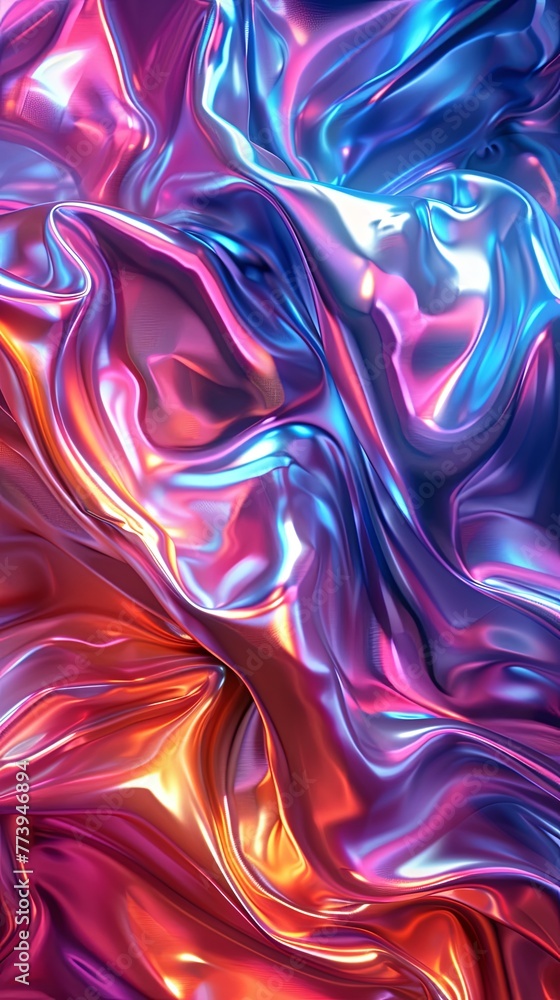Obraz premium An abstract image of fluid, iridescent silk fabric folds in vibrant shades of blue and red, resembling a dynamic liquid art form.