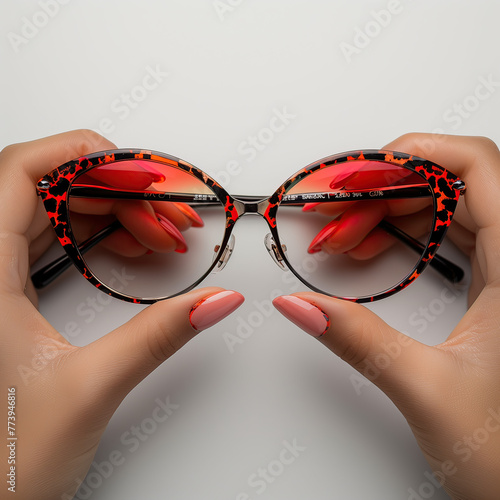 lentes o gafas de ver con marco estilo estampado, leopardo, rojo, negro, sujetos por ambas manos, mostrando las gafas de frente, sobre fondo blanco photo