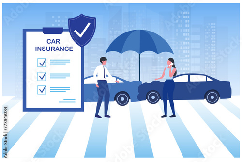 Car accident insurance concept. Two cars crashed  and drivers calling to  agent for insurance claim vector illustration.
