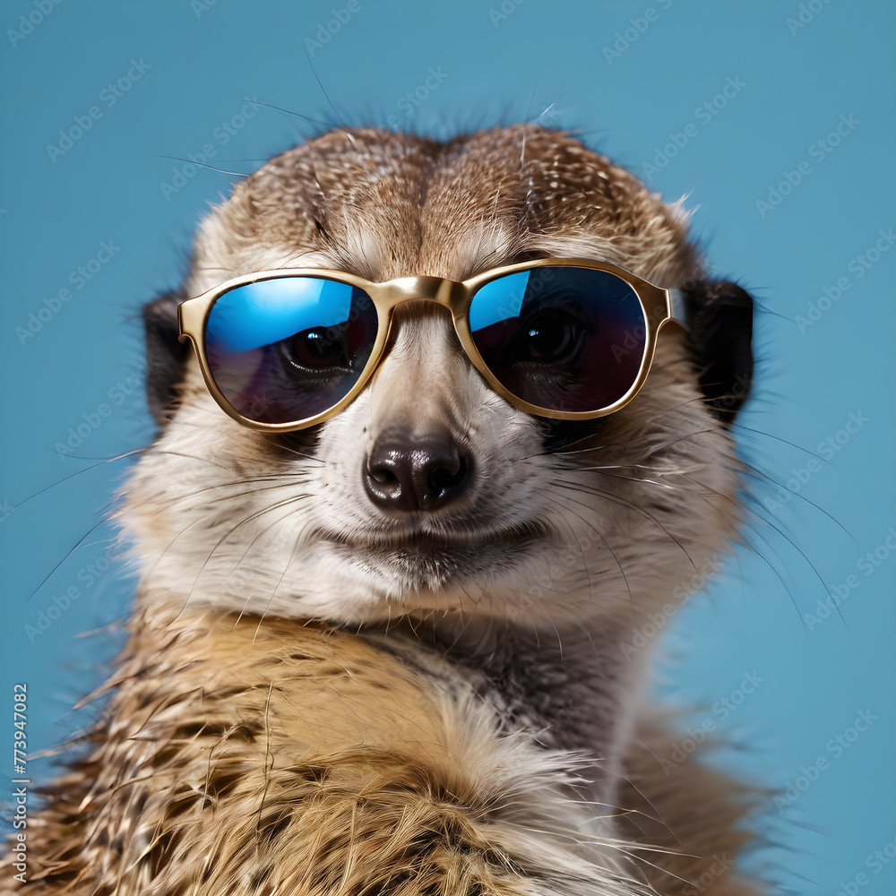 a meerkat wearing sunglasses on a blue background. for postcards , banners, posters, advertisements a meerkat wearing sunglasses on a blue background. for postcards , banners, posters, advertisements