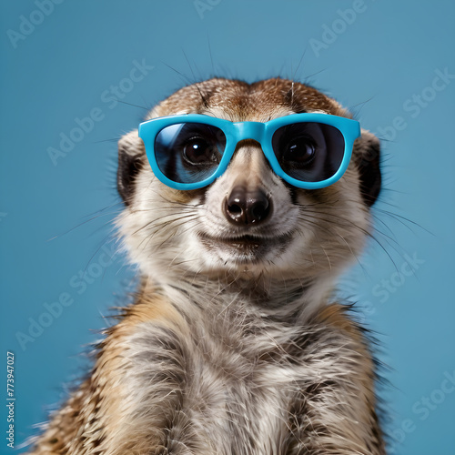 a meerkat wearing sunglasses on a blue background. for postcards , banners, posters, advertisements