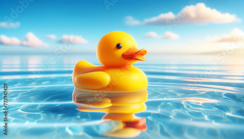 A classic yellow rubber duck floats peacefully on calm waters with a serene sky backdrop, ideal for leisure or bath-related themes.