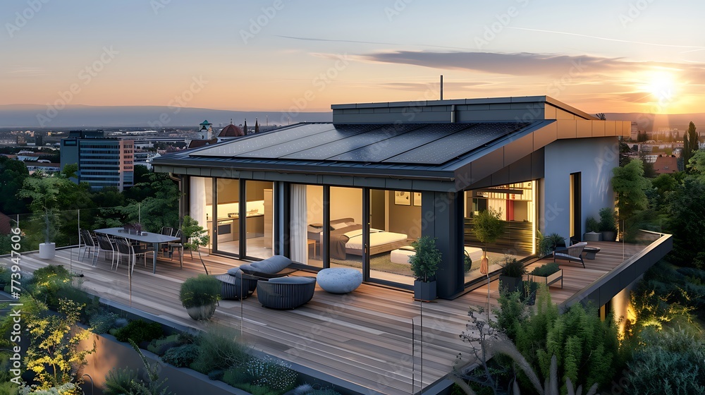 Fototapeta premium Modern eco friendly passive house with solar panels on rooftop. Home solar panel. Generative Ai