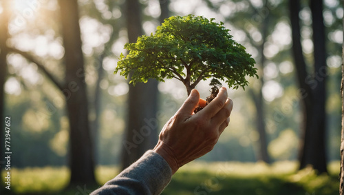 Sustainable nature, hand and tree in harmony, sunny ambiance. photo