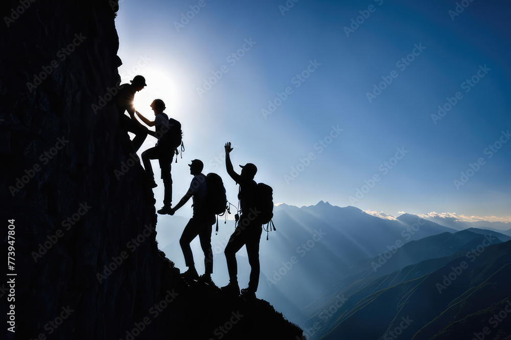 business. teamwork helping hand business travel silhouette concept. group team tourists lends helping hand climb cliffs mountains helping hand. teamwork people climbers climb top overcoming